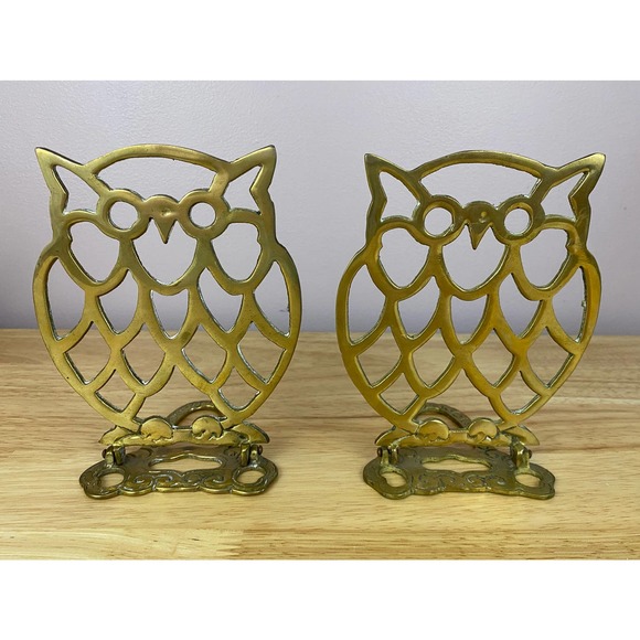 Nobrand Accents Vintage Brass Owl Folding Bookends Set With Patina Gold Tone Boho Woodland
